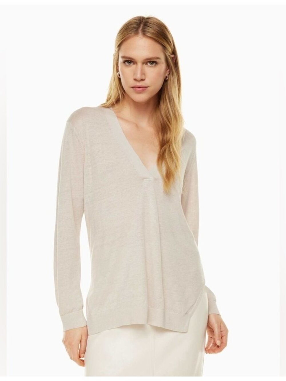 Aritzia Babaton Midcentury Linen Sweater V-Neck Long Sleeve Matte Pearl Sz Med